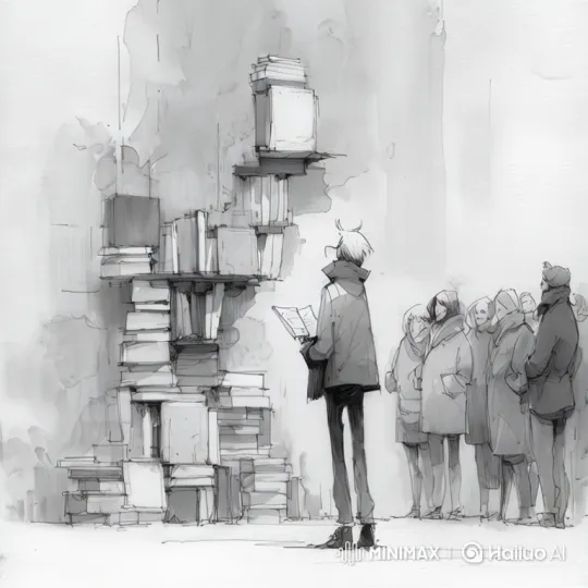 Ink Wash Art Video: Reader and Tower of Books Captivate Crowd – AI Generated Video | Hailuo AI