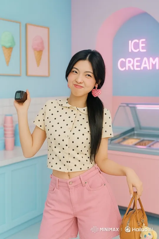 Stylish Young Woman's Confident Stride in Ice Cream Shop – AI Generated Video | Hailuo AI
