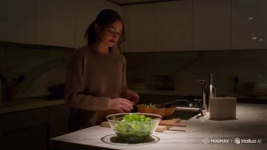 Woman Adorns Salad with Diamonds in Modern Kitchen – AI Generated Video | Hailuo AI