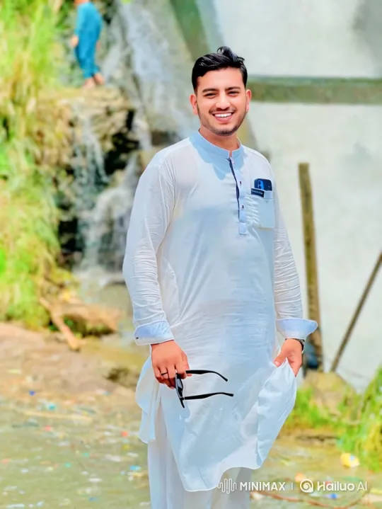 Young Man in White Tunic by Flowing Water – AI Generated Video | Hailuo AI