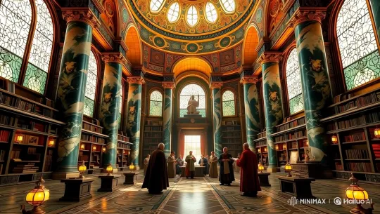 Grand Library Hall: Scholars in Serene Study – AI Generated Video | Hailuo AI