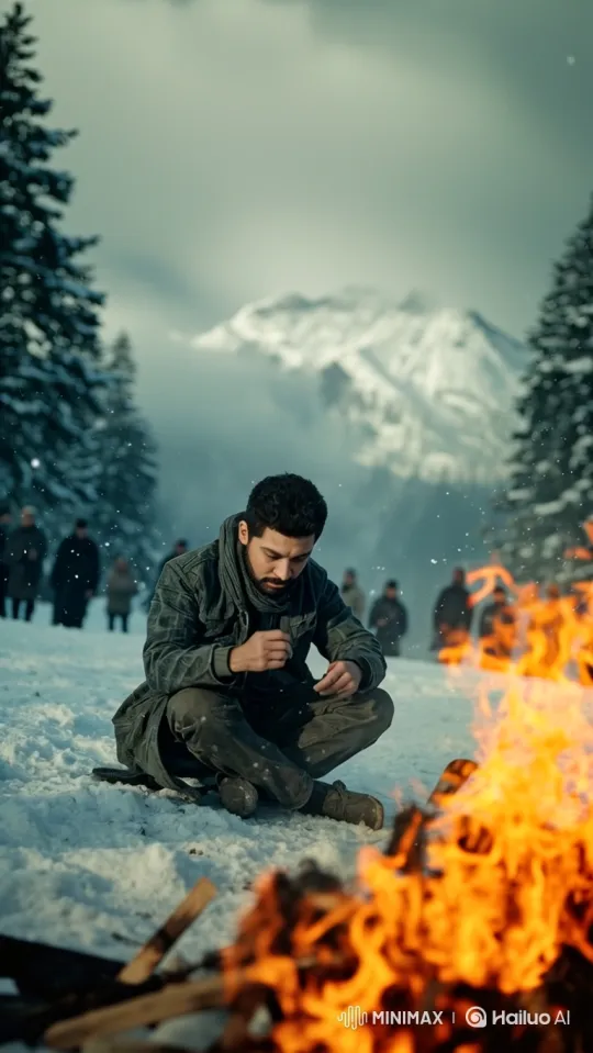 Bereaved Man Mourns by Snowy Funeral Pyre – AI Generated Video | Hailuo AI