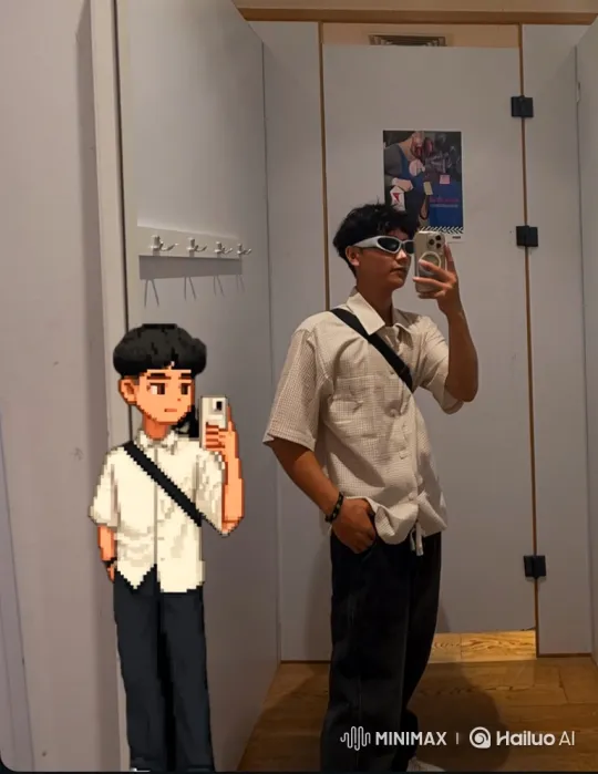 Young Man and Pixelated Selfie Duo in 180-Degree Orbit – AI Generated Video | Hailuo AI