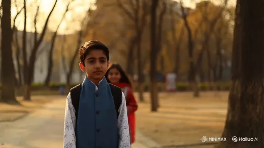 Golden Hour Stroll: A Boy and a Pakistani Girl Share a Smile in the Park – AI Generated Video | Hailuo AI