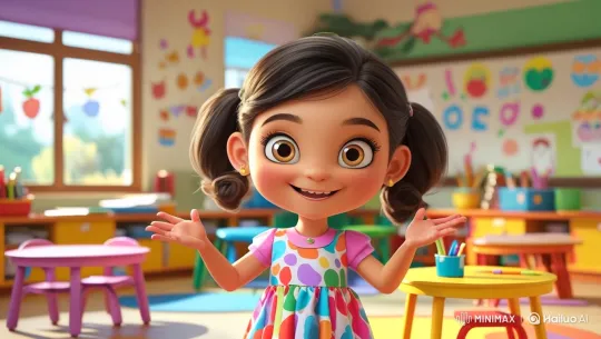 Animated 3D Cartoon of a Cheerful Girl in Kindergarten – AI Generated Video | Hailuo AI