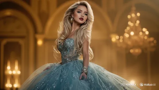 Elegant Woman in Ball Gown Spins in Grand Ballroom – AI Generated Video | Hailuo AI