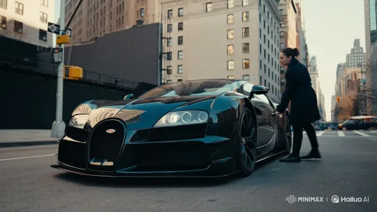 Stylish Person Enters Luxury Bugatti in NYC – AI Generated Video | Hailuo AI