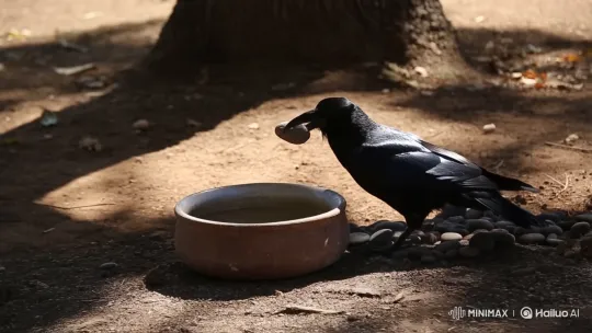 Crow Ingeniously Raises Water Level to Drink – AI Generated Video | Hailuo AI