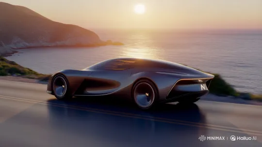 Futuristic 'N' Brand Car Drives Along Coastal Sunset Road – AI Generated Video | Hailuo AI