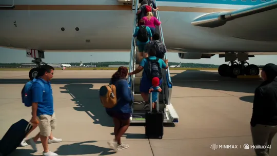 Passengers Boarding Plane on Sunny Airport Tarmac – AI Generated Video | Hailuo AI