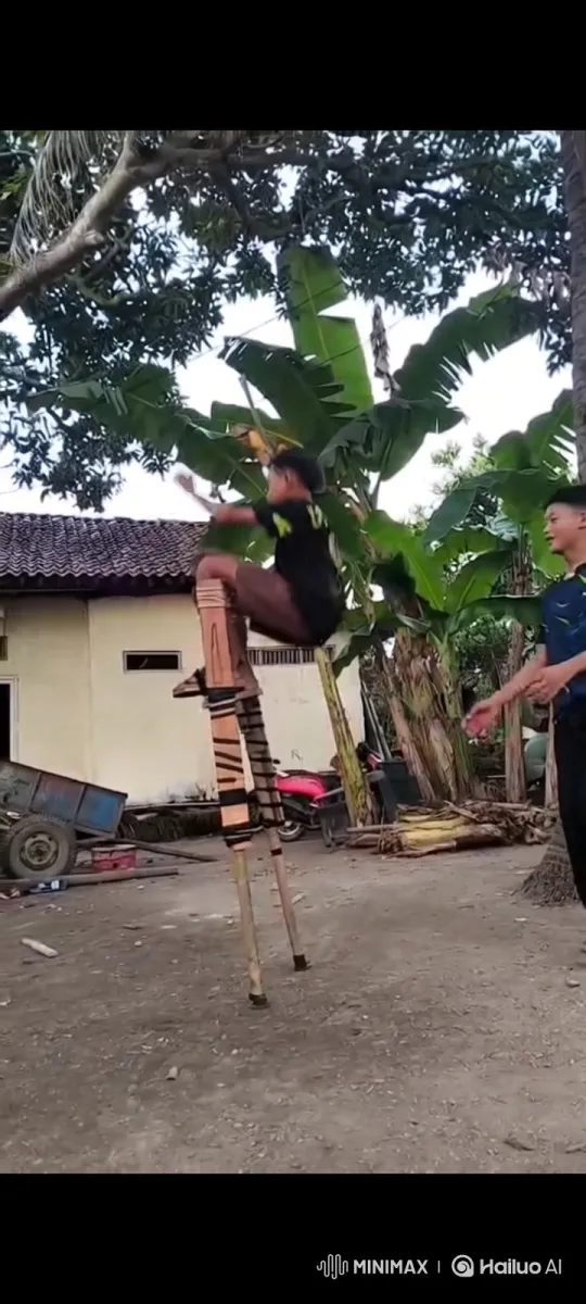 Young Person Balances on Stilts, Motorbike Lowers in Background – AI Generated Video | Hailuo AI