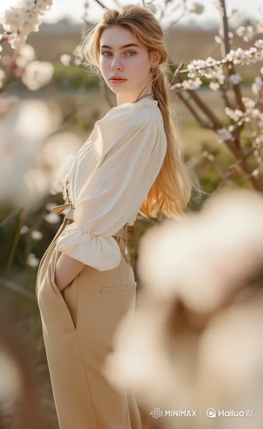 Young Woman Reflects in a Blossoming Orchard – AI Generated Video | Hailuo AI