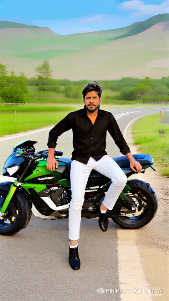 Stylish Young Man Poses with Motorcycle on Countryside Road – AI Generated Video | Hailuo AI