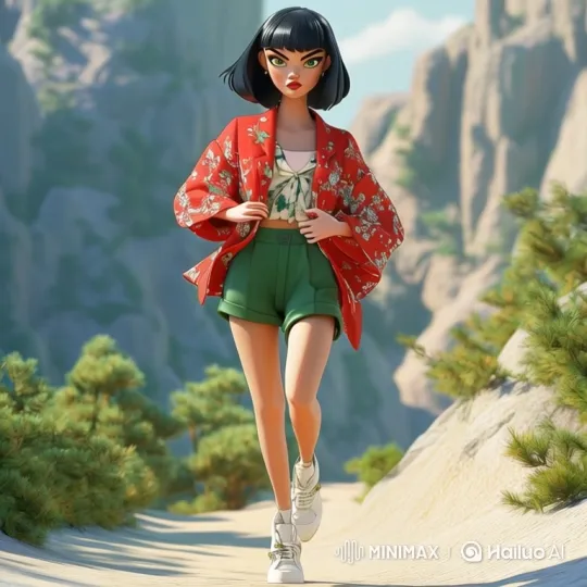 Animated Woman Walks Purposefully in Mountainous Landscape – AI Generated Video | Hailuo AI