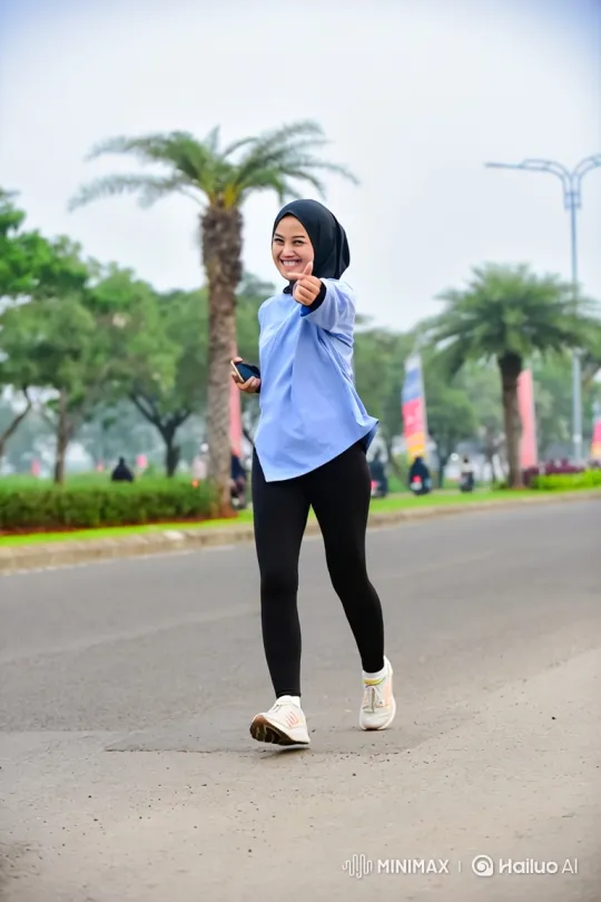 Young Woman in Athletic Wear Walks with Joyful Smile – AI Generated Video | Hailuo AI