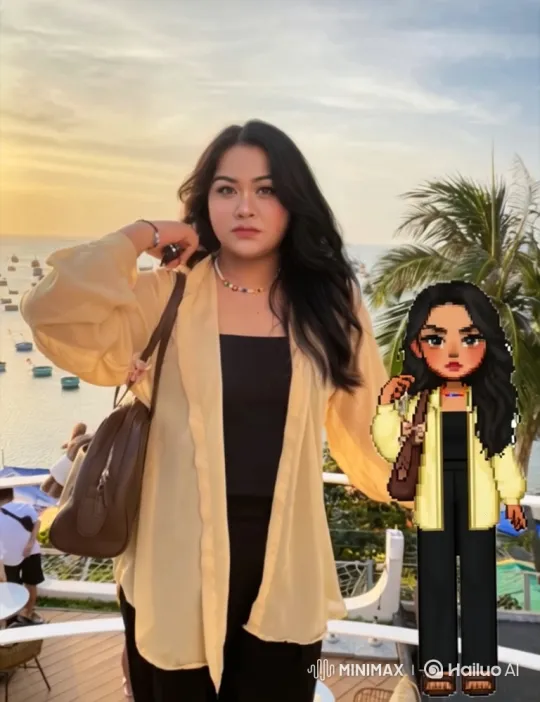 Young Woman and Pixel Art Companion Overlooking the Sea at Sunset – AI Generated Video | Hailuo AI