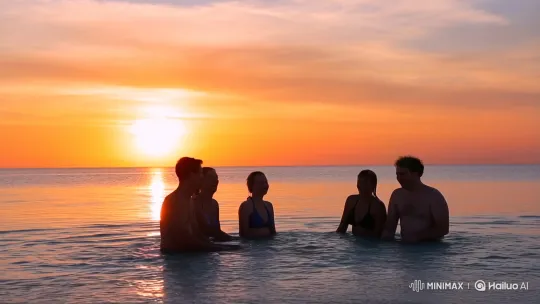 Friends Frolic in Ocean at Sunset: Splash of Joy – AI Generated Video | Hailuo AI