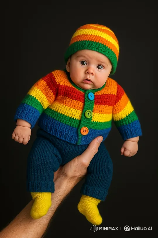 Adorable Baby in Hand-Knitted Outfit Bounced Gently – AI Generated Video | Hailuo AI
