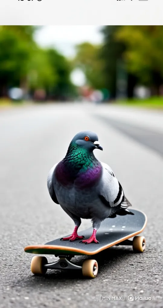 Pigeon Stands Proudly on Skateboard – AI Generated Video | Hailuo AI