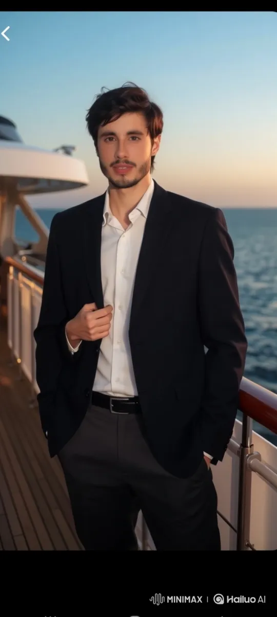 Luxury Yacht Scene with Confident Young Man at Sunset – AI Generated Video | Hailuo AI