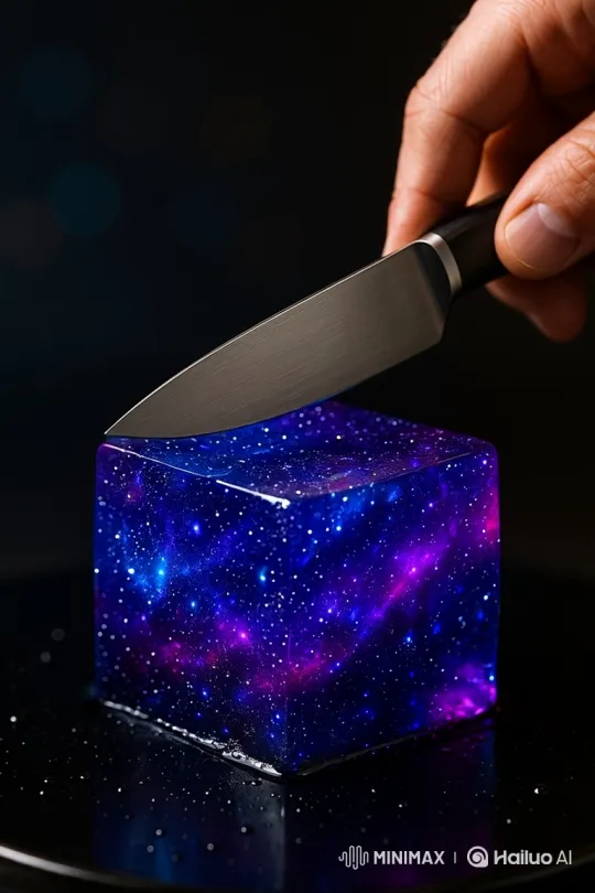 Galaxy Jelly Cube Sliced with Precision – AI Generated Video | Hailuo AI