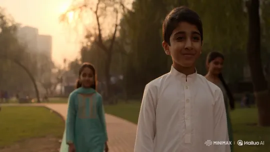 Boy and Pakistani Girl Share a Moment in Golden Hour Park – AI Generated Video | Hailuo AI