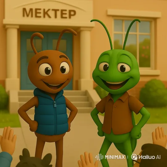 Ant and Grasshopper Greet Schoolchildren at МЕКТЕP School – AI Generated Video | Hailuo AI