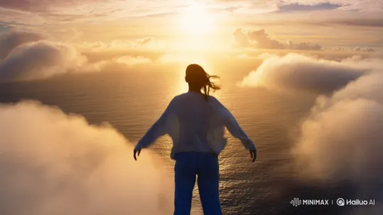 Golden Hour Flight: Boy Woman Soars Over Ocean – AI Generated Video | Hailuo AI