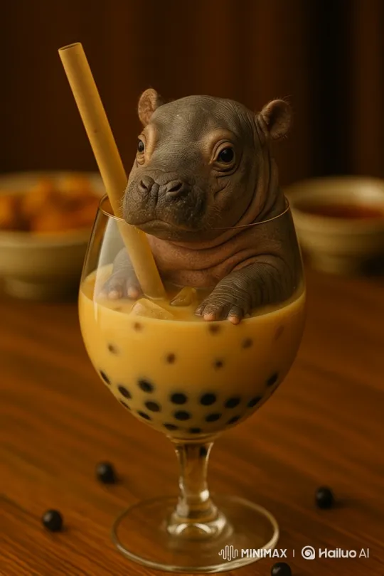 Baby Hippo Enjoys Tea in a Glass – AI Generated Video | Hailuo AI