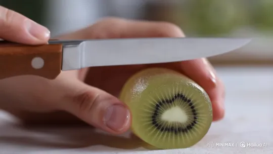 Glass Kiwi Sliced with Knife in Close-Up Realistic Video – AI Generated Video | Hailuo AI