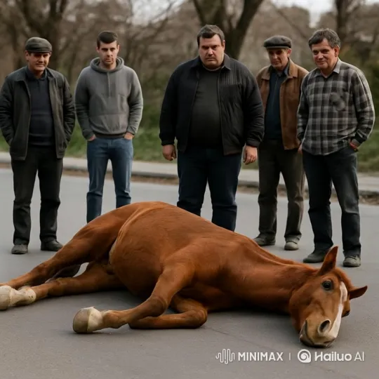 Horse Startles Men by Sudden Recovery and Flight – AI Generated Video | Hailuo AI