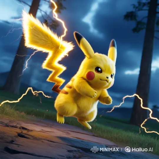 Hyper-Realistic Pikachu Channels Power in Stormy Forest – AI Generated Video | Hailuo AI