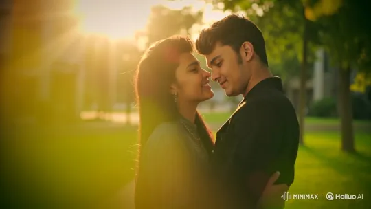 Romantic Couple Embraces in Golden Park at Sunset – AI Generated Video | Hailuo AI