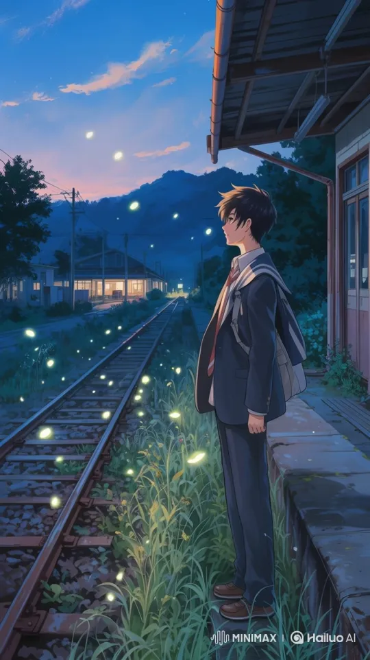 Dreamy Anime Scene: Youth, Fireflies, and Twilight Train Station – AI Generated Video | Hailuo AI