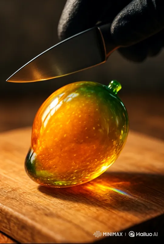 Glass Mango Shattered by Knife in Slow Motion – AI Generated Video | Hailuo AI