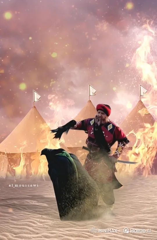 Desert Man Attempts to Call Off Dark Bird Amidst Flames – AI Generated Video | Hailuo AI