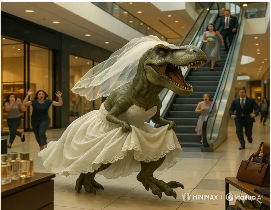 T-Rex in Wedding Dress Terrorizes Shopping Mall – AI Generated Video | Hailuo AI