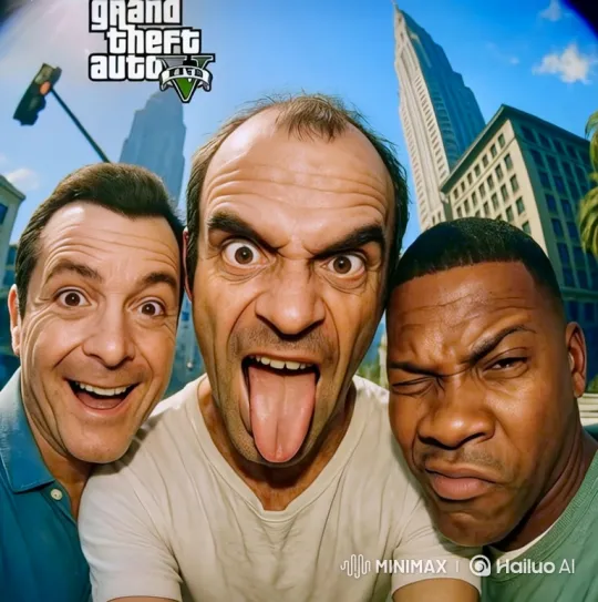Three Men Pose for Animated Selfie in Cityscape – AI Generated Video | Hailuo AI