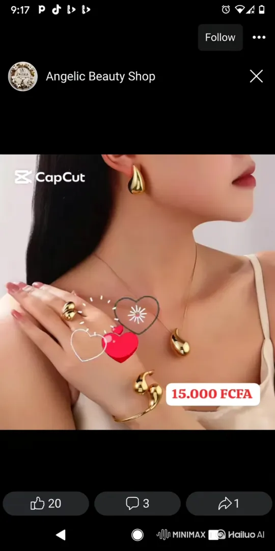 Elegant Woman Models Gold Jewelry with Animated Hearts – AI Generated Video | Hailuo AI