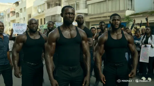 Muscular Men Protest in Rio Preto for 'Redondo Guloso' – AI Generated Video | Hailuo AI