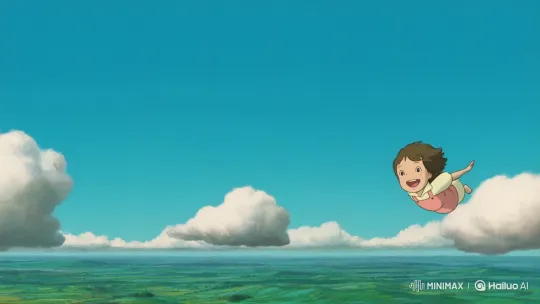 Joyful Child Glides Through Ghibli Sky Above Lush Landscape – AI Generated Video | Hailuo AI