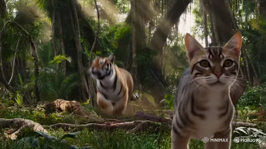 Tabby Cat Pursues Panicked Tiger in Lush Jungle – AI Generated Video | Hailuo AI