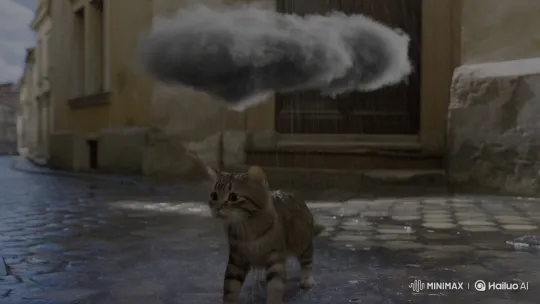 Terrified Cat Flees Personal Rain Cloud on Cobblestones – AI Generated Video | Hailuo AI