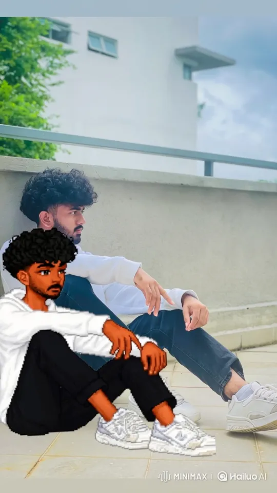 Young Man and Pixel Doppelgänger in 180-Degree Orbit – AI Generated Video | Hailuo AI