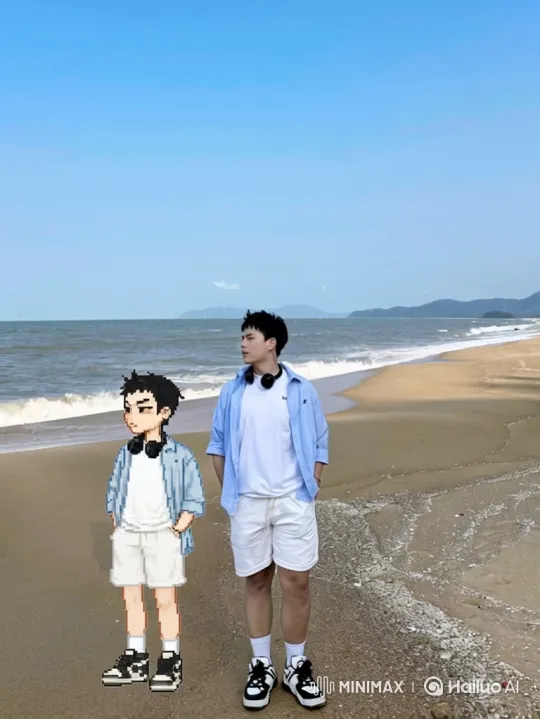 Young Man and Pixel Character Stand on Beach – AI Generated Video | Hailuo AI