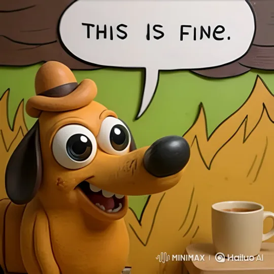 Yellow Dog Calmly Sips Coffee Amidst Intensifying Flames – AI Generated Video | Hailuo AI