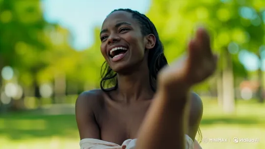Joyful Woman Laughing in a Verdant Park – AI Generated Video | Hailuo AI