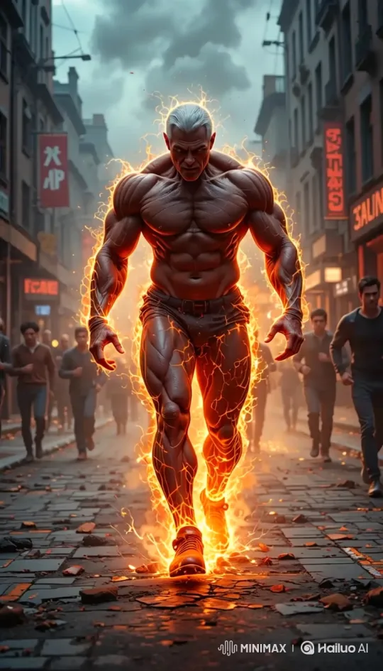 Elderly Superhuman Bodybuilder Walks Through City, Leaving Destruction – AI Generated Video | Hailuo AI