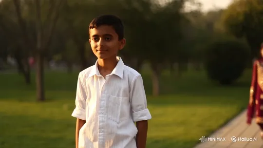 Golden Hour Park Encounter: Boy and Girl Share a Smile – AI Generated Video | Hailuo AI