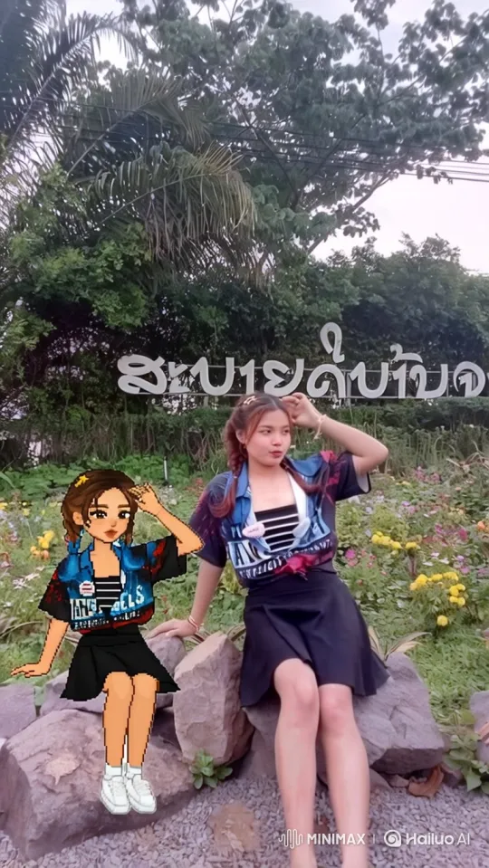 Young Woman and Avatar in Garden with 180-Degree Camera Orbit – AI Generated Video | Hailuo AI